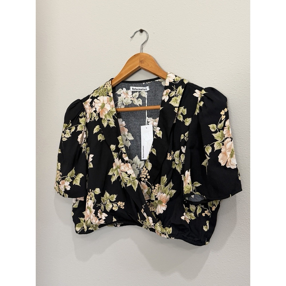 Reformation Florian Short Sleeve Black Floral Wrap Crop Top Size 12